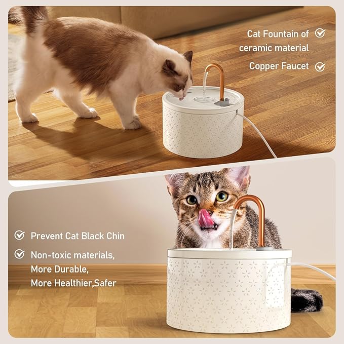 MISFANS Ceramic Cat Water Fountain - 2.1L/71oz - Firework Embossed All-Ceramic Body & Pure Copper Spout - Non-Toxic & Automatic Pet Drinking Fountain Indoor with Ultra-Quiet Pump, 3 Filters & Sponge
