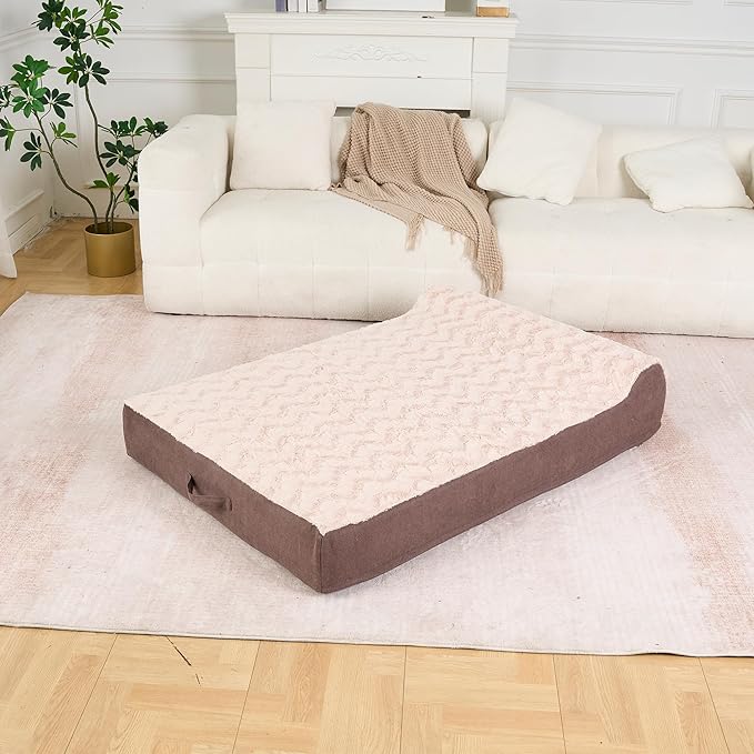 Jumbo Orthopedic Dog Bed - 7-inch Thick Memory Foam Pet Bed with Pillow Removable Cover Free Waterproof Liner - for Large Dogs (Khaki (Textured Plush), 50''L x 34''W x 10''Th I Extra Large)