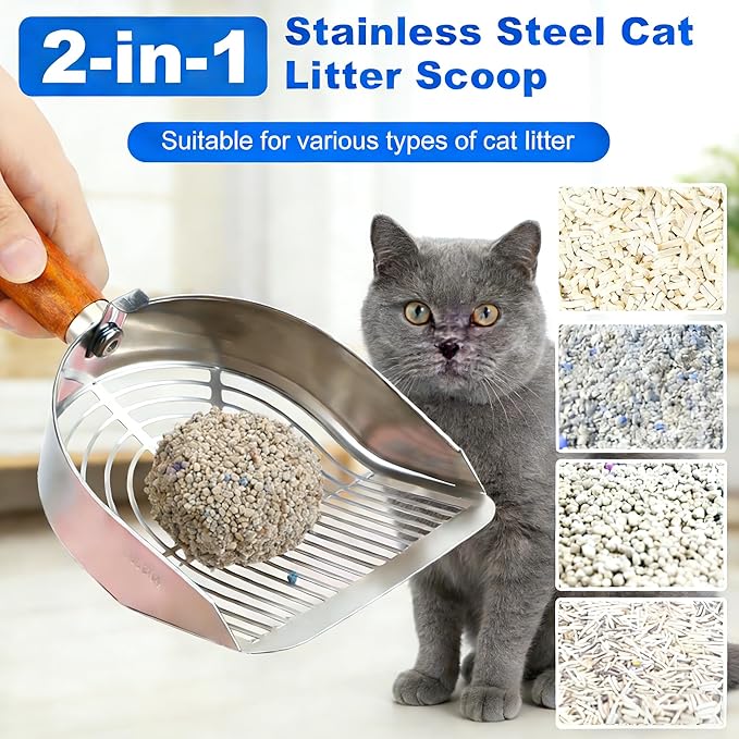 Cat Litter Scoop Metal 304 Stainless Steel, One-Piece Pressed Design with No Weld Spots, Durable Anti-Break Handle, Dual Slot Sizes, with Holder Stand, Easy to Clean, Filters Small Litter Clumps