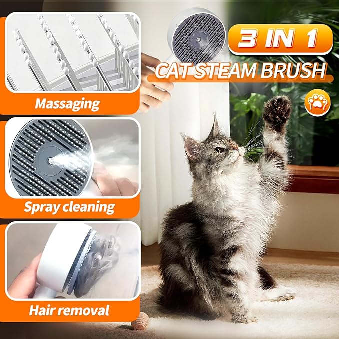 3 in 1 Cat Steam Brush, Self-Cleaning Anti-Static Pet Spray Hair Removal Comb for Cats with Release Button and Tank, Rechargeable Steam Brush for Shedding, Massage and Cleaning