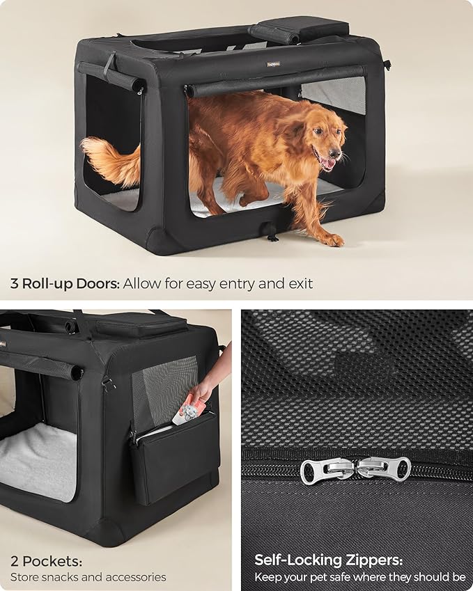 Feandrea 48 Inches Collapsible Soft Dog Crate, Portable Travel Dog Crate for Indoor and Outdoor Use, Dog Carrier Kennel with Safety Zippers, for Living Room, Car, Travelling, Camping, Black UPDC12H