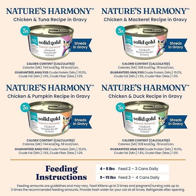 Solid Gold Wet Cat Food Variety Pack Shreds in Gravy - Healthy Canned Cat Food Made w/Real Chicken & Protein Shreds, Vitamins - Grain Free & Gluten Free Canned Meals for Cats & Kittens - 12ct/3oz Can