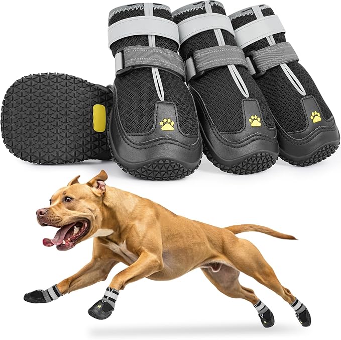 LUCKYPAW Dog Shoes for Large Medium Dogs, Breathable Dog Boots for Hot Pavement, Paw Protectors for Summer Walking Hiking Winter Snow Outdoor, Non Slip Reflective Booties for Hardwood Floor (Black, 4)