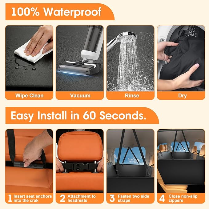 JKLESA Dog Car Seat Cover for Back Seat, 52"x65" Waterproof Hard-Bottom Hammock with Side Flaps, Heavy-Duty 450lbs, Non-Slip & Scratch-Proof PU Leather Protector for SUV, Truck & Sedan Gray