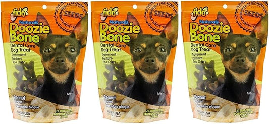 Fido - Doozie Bones Dental Care Treat for Dogs, Peanut Flavored, Made with Sunflower, Chia, & Flax Seeds-Naturally Freshens Breath, Reduces Plaque & Whitens Teeth 21ct - Mini Treats (Pack of 3)