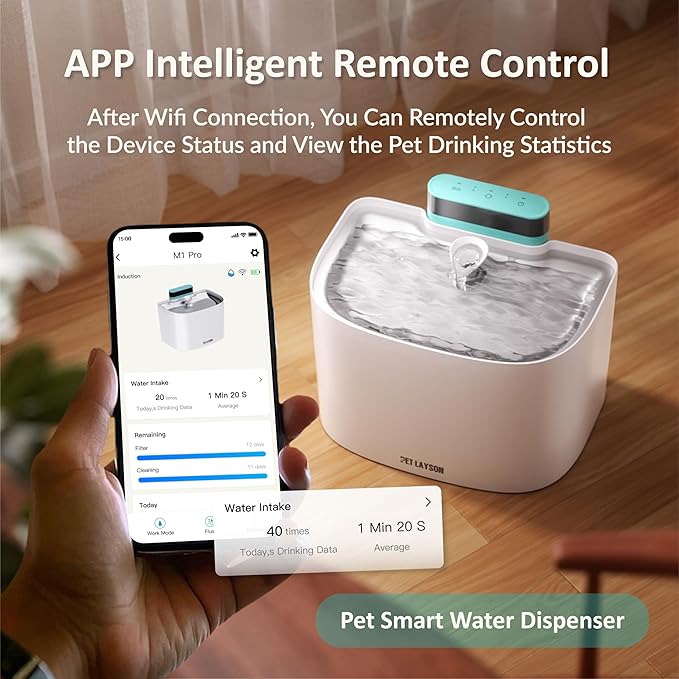 PET LAYSON Pumpless Cat Water Fountain,App Remote Control Smart Cordless Battery Operated 3.6L/122oz Wireless 2.4GHz Wi-Fi Networks Rechargeable Water Dispenser (Black, M1Pro-16 Filter)