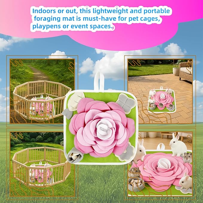 Rabbit Foraging Mat, Bunny Activity Toys Snuffle Mat for Small Animals Forage Mat for Rabbit Guinea Pig Hamster Chicken Hedgehog Chinchilla Puppies Cat Stress Relief Puzzle Interaction Toys (Pink)