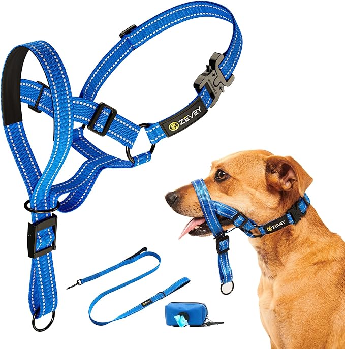 Dog Headcollar with Leash and Safety Strap Stops Heavy Pulling On The Leash Padded Reflective Head Halter for Small Medium Large Dogs Adjustable Head Harness for Training and Walking, (S, Blue)