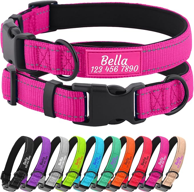 CollarCraze Personalized Dog Collar with Name and Phone Number Reflective Soft Neoprene Padded Custom Dog Collar for Small Medium Large Boy Girl Dogs