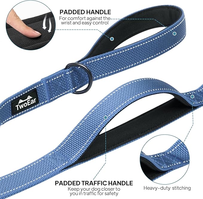 TwoEar 4FT 1IN Strong Dark Blue Dog Leash with 2 Padded Handles, Traffic Handle Extra Control, Comfortable Soft Dual Handle, Auto Lock Hook, Reflective Walking Lead for Small Medium and Large Dogs