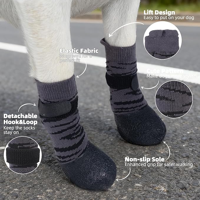 PUPTECK Anti Slip Dogs Shoes for Hot/Cold Pavement, Senior Booties, Rubber Boots & Paw Protectors for Small Medium Large Size Dogs to Prevent Licking, Grippy Socks for Hardwood Floors, Tiger L