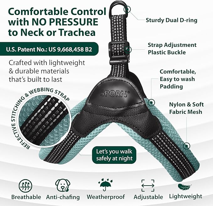 Sporn Easy-Fit Mesh Dog Harness Medium Sized Dog, Turquoise Soft Fabric Nylon No Choke Dog Harness Size Dog, Breathable & Easy Dog Walking Harness, Provides to Medium Breeds