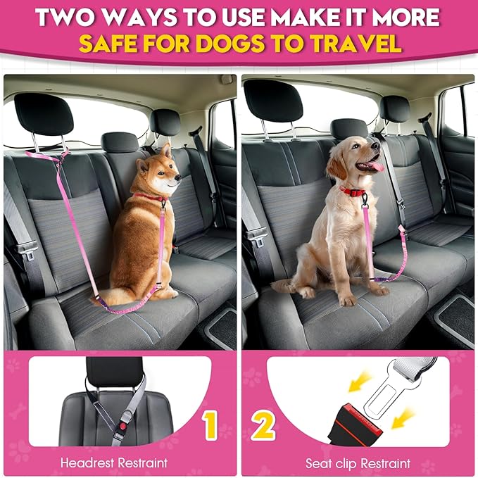 2 Piece Dog Car Seat Belt Harness Retractable Restraint for Car Headrest Adjustable Heavy Duty & Elastic & Durable Dog Car Seat Belt (Red)