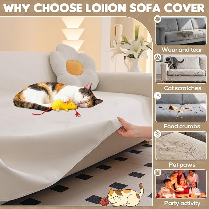 Loiion Cat Scratch Furniture Protector - Ultra Soft, Waterproof Sofa Cover to Keep Cats Off, Pet-Friendly Couch Protectors for Love Seat, Anti-Slip Couch Cover for Pets and Kids 118"X71" Beige