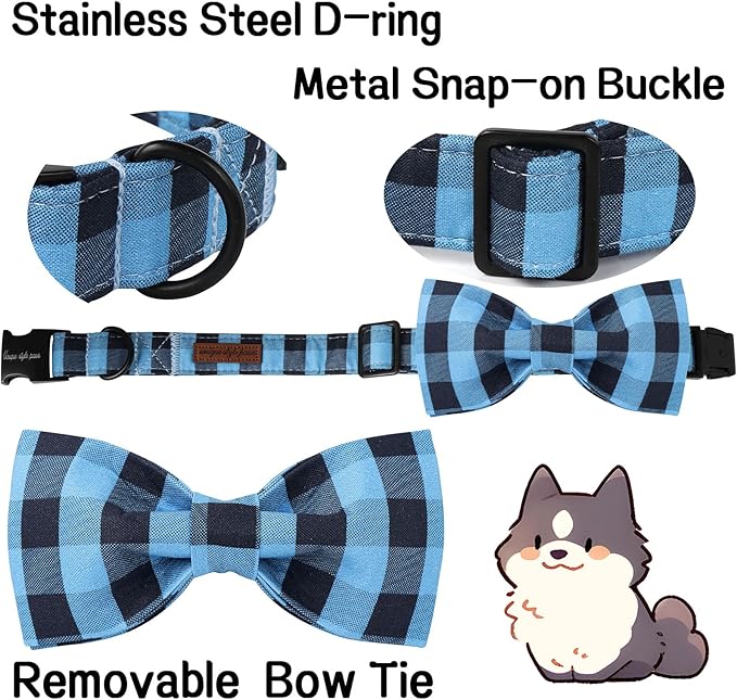 Unique style paws Cotton Dog Collar with Bow Puppy Collar with Black Blue Grid for Small Medium Large Boys Girls Dogs