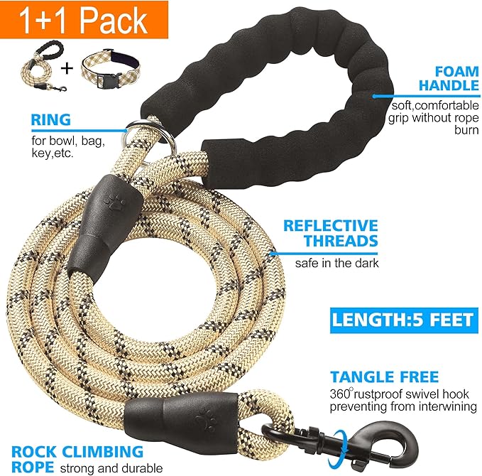 Reflective Dog Collar Padded with Soft Neoprene Breathable Adjustable Nylon Dog Collars for Small Medium Large Dogs (Large (Pack of 1), Vanilla Plaid Collar+Leash)
