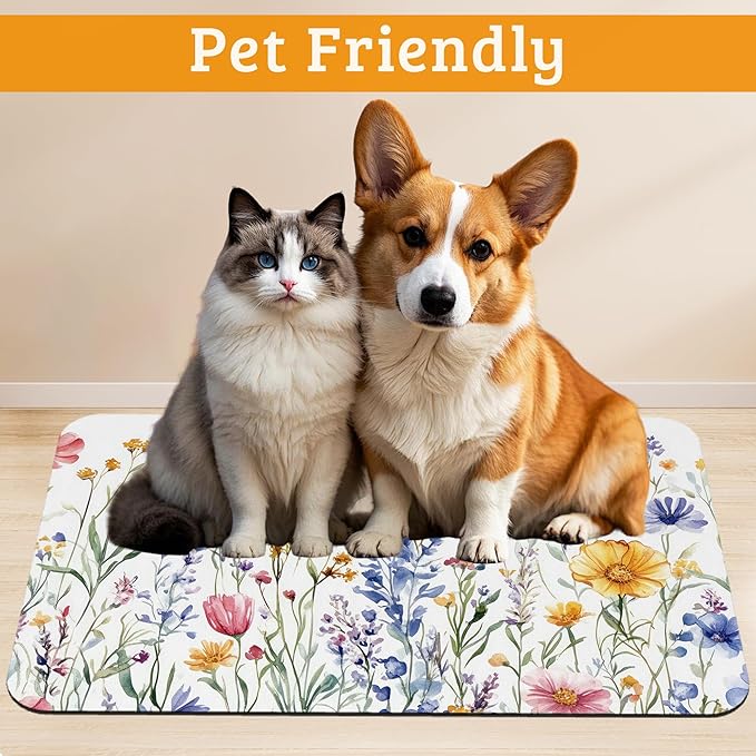 Flowers Butterfly Dog Food Mat,Colorful Absorbent Pet Feeding Mat for Food and Water Bowl,Quick Dry Dog Placemat Non Slip Rubber Backing Waterproof Pet Supplies 16" x 24"