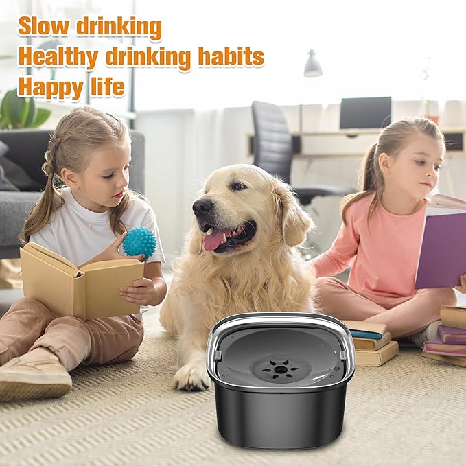 Decflow Stainless Steel Slow Drinking Dog Bowl with Lid - 3L Travel Pet Water Dispenser, Black