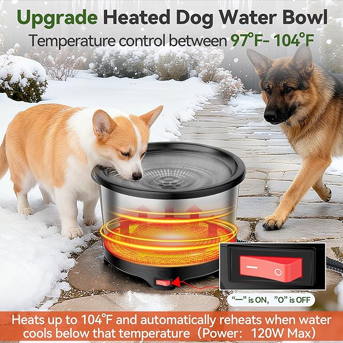 Twinsing 6.5L Heated Water Bowl, Stainless Steel Outdoor Heated Dog Bowl with Anti-Chew Cord, Large Capacity Heated Pet Slow Drinking Dish Provide Warm Water in Winter for Dogs