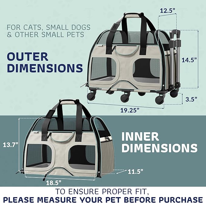 Rolling Pet Carrier with Removable 6 Wheels & Double Telescopic Handle Soft Sided for Airline Approved Dog & Cat Carrier Bag (White/Blue)