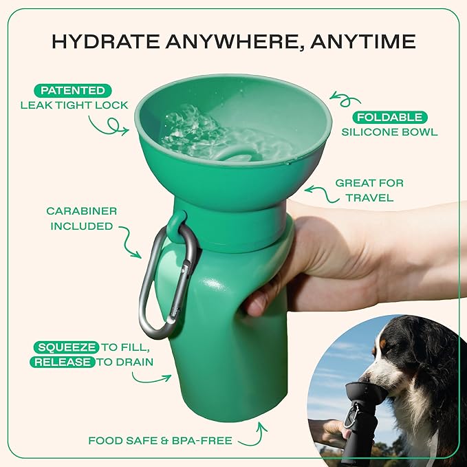 Springer by Springland Flip Portable Dog Water Bottle with Foldable Food Grade Silicone Bowl - 20 Ounce Travel Dog Water Bottle Ideal for Camping - Easy Squeeze Hydration & Release to Drain