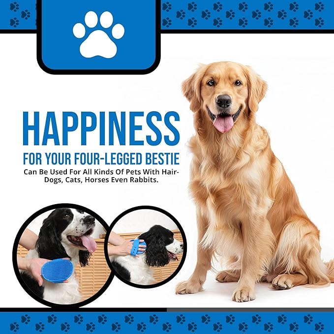 Silicone Dog Bath Brush – Soft Pet Scrubber for Bathing & Grooming – Shampoo Brush for Dogs, Cats & Puppies – Adjustable Strap – Choose from 5 Colors (Blue)