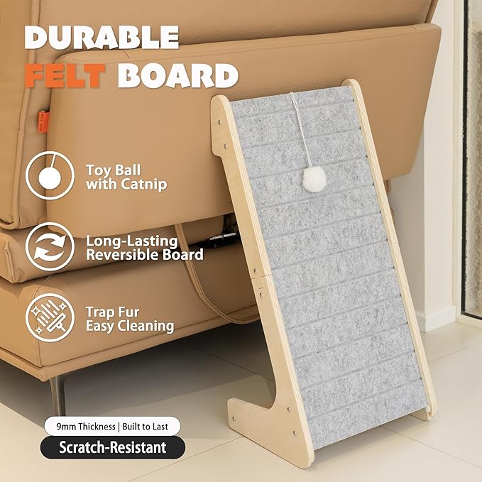 PETKARAY Felt Cat Scratcher, L Shaped Scratching Pad, Scratch Resistant Carpet Scratcher Ramp, Slot-Free Scratch Board with Toy Ball, Light Grey