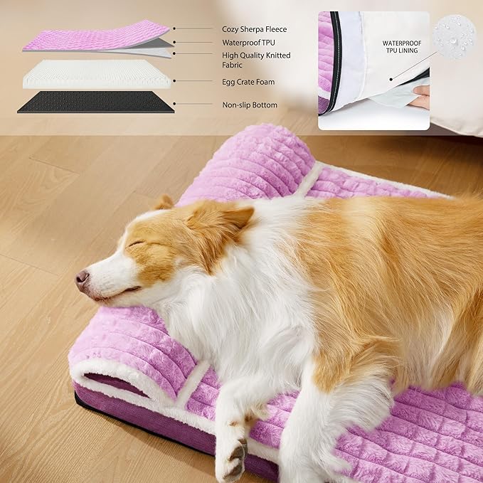 Orthopedic XL Dog Bed Large Sized Dog with Pillow 42''X28'', Waterproof Soft Comfortable Egg Crate Foam Pet Crate Beds Mat with Removable Washable Cover and Non-Slip Bottom, Lilac