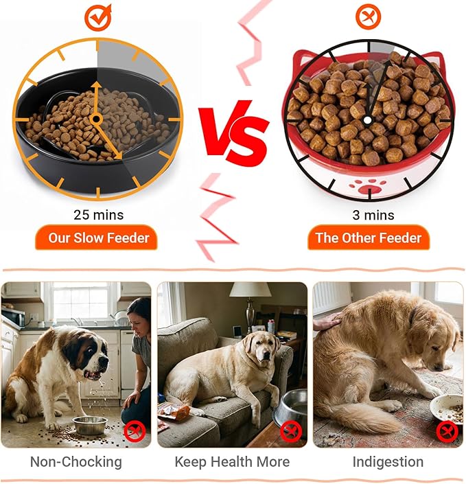 Ceramic Slow Feeder/Dog Bowl for Medium Large Dogs,Elevated/Raised Slow Feeding Dog Food Water Dish Heavy Weighted,Puzzle Eating Bowl Modern Maze Maze (Black, 8.66in)