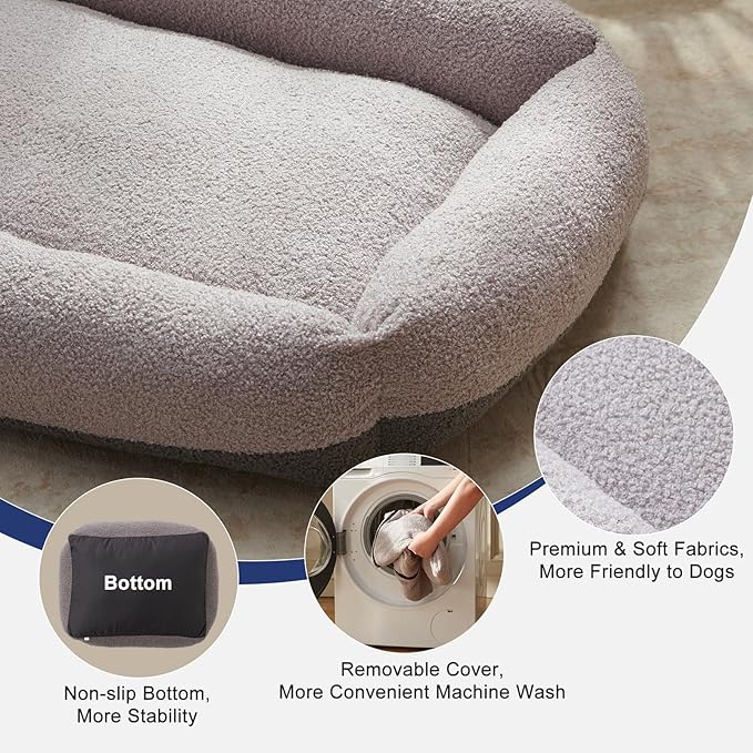 FURTIME Washable Dog Bed Extra Large Sized Dogs, Washable Comfy Fluffy XL Dog Bed, Removable Zipper Cover Machine Wash, Soft Sleeping Bed Durable Pet Cuddler with Anti-Slip Bottom, 42"x30"x8", Grey
