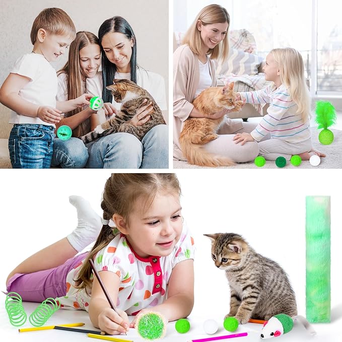 Foilswirl 24 Pcs Cat Toys Set Interactive Kitten Toys Pack Including Collapsible Play Tunnel Feather Teaser Wand Fuzzy Ball Springs Pillow Mouse Bells for Indoor Cats Puppy(Green)