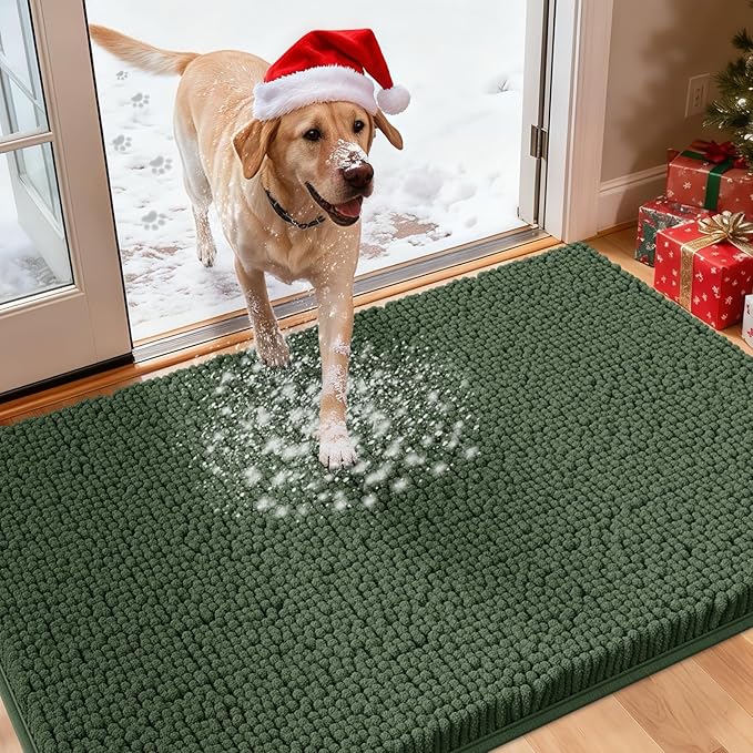 IM HOME Extra Large Dog Door Mats for Muddy Paws, 60" x 36" Christmas Chenille Absorbent Mud Mat for Dogs, Non Slip Heavy Dog Rugs for Muddy Paws, Soft Indoor Door Mat for Entryway, Mud Paw, Olive