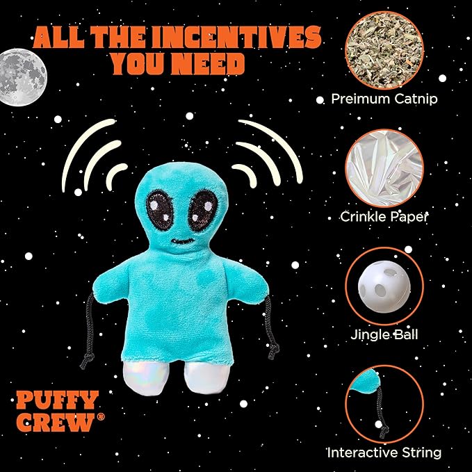 Puffy Crew Interactive Catnip Cat Plush Toy, Space Travel Theme, 5‘’, for All Breed Size Cats (Alien)