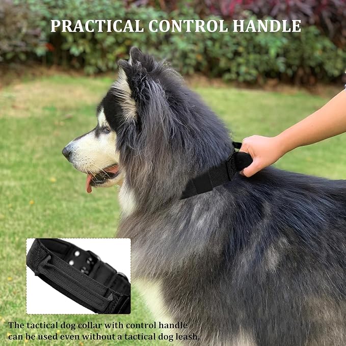 Tactical Dog Collar with Handle, Military Adjustable Heavy Duty Metal Buckle Dog Collars Soft Nylon Training Collar for Medium Large Dogs (Black, X-Large)