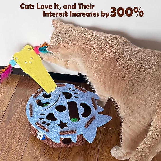 Interactive Felt Cat Maze Box with Cartoon Cat-Shaped Post, Fish-Shaped Puzzle ExerciseHide Seek Moving Toy for Cats, Mental Enrichment Self-Play Toy Encourages Hunting Instincts with 4 Balls
