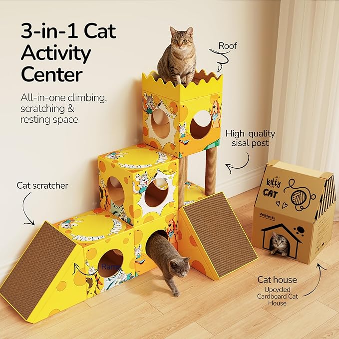 DIY Cat Tree, Multi-Level Cat Tower with Scratching Posts, Scratching Board, Tunnel & Playhouse for Kittens & Multiple Cats, Recyclable Cardboard, 48.8"×25"×40.2", Yellow Mouse
