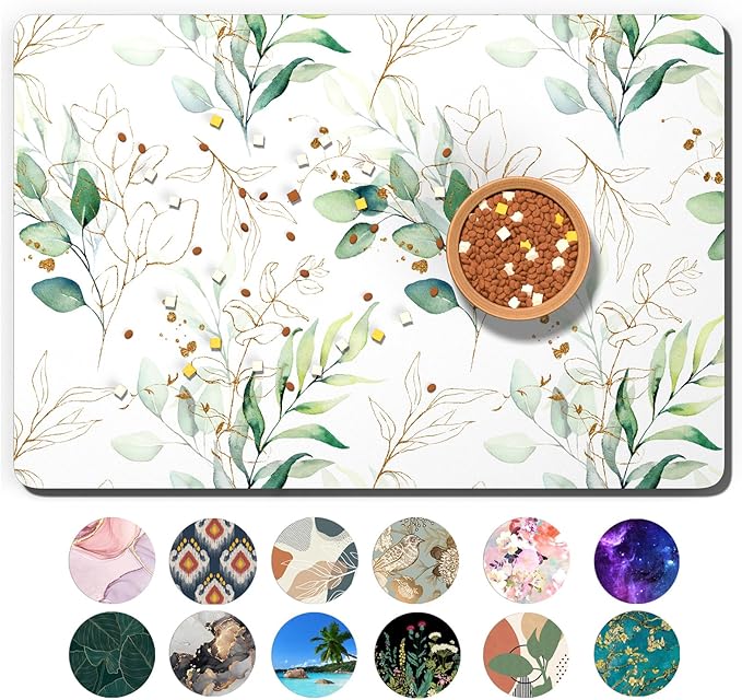 Dog Food Mat, 16" x 24" Minimalism Absorbent Dog Cat Bowl Mat for Food and Water, Cute Anti-Slip Rubber Pet Feeding Rug Protect Floors, Placemat for Feeding & Watering Supplies, Leaf