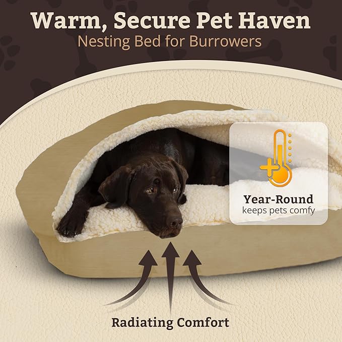 Snoozer Rectangle Cozy Cave Dog Bed - Indoor Dog Bed with Cover Cave, Covered Calming Burrow for Small & Medium Sized Pets with Blanket Attached, Enclosed, Washable Cover - Medium, Khaki