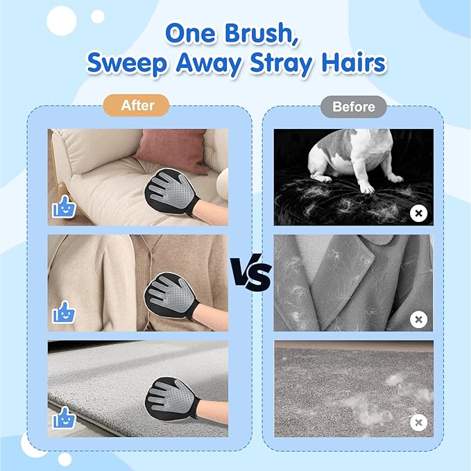 Pawaboo Dual-Side Pet Hair Removal Glove for Dogs and Cats, Reusable Electrostatic Hair Removal & Silicone Fur Brush, Pet Fur Grooming Glove for Carpet Couch Clothes
