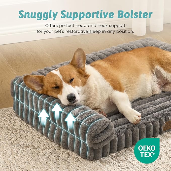 Cute Dog Bed for Medium Dogs, Faux Rabbit Fur Orthopedic Foam Dog Bed with Sides, Removable Washable Cover & Waterproof Lining, Comfortable Pet Couch, Grey (36" L x 27" W x 6.5" Th)