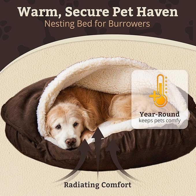 Snoozer Cozy Cave Dog Bed - Indoor Dog Bed with Cover Cave, Covered Calming Burrow for Small & Medium Sized Pets with Blanket Attached, Enclosed, Removable Washable Cover - Large, Hot Fudge