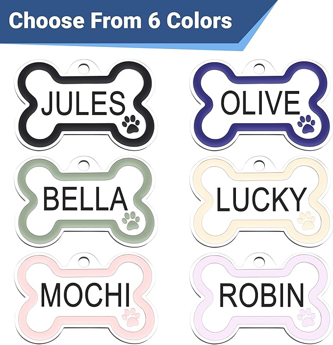 GoTags Stainless Steel Pet ID Bone Round and Heart Shaped Tags with Enamel Paw Design, Personalized Dog and Cat Tags, up to 5 Lines of Custom Text, Engraved on Both Sides (Navy Blue, Regular Bone)