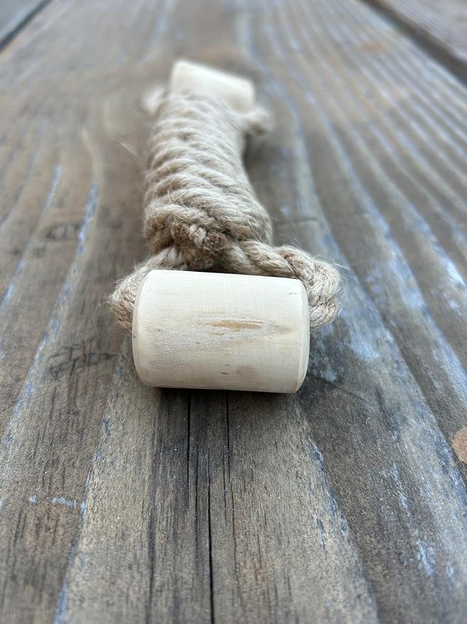 ROMNG Coffee Wood Dog Toy - Eco-Friendly, Durable, Non-Toxic Hemp Rope Dog Toy - Tough Chew & Tug Toy for Moderate Chewers - Safe Outdoor & Indoor Play for Medium Dogs, (1.5”x 7”x 1.5”)