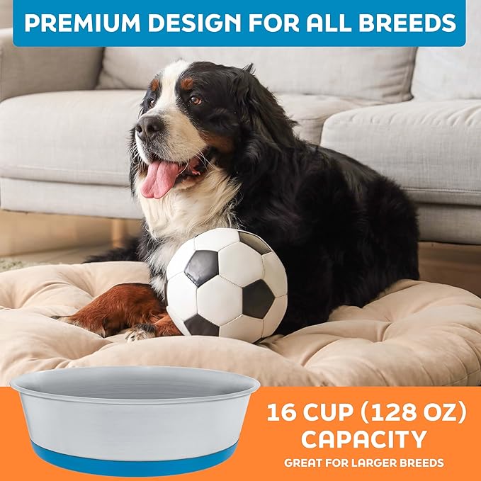 Master Pet Supply Stainless Steel Dog Bowls Set of 2 with Extra Thick Silicone Base - 16 Cup (128 oz) True Blue, Non-Slip, Dishwasher Safe Metal Bowls, Pet Dog Food Bowl for Dogs, Cats, Anti Rust