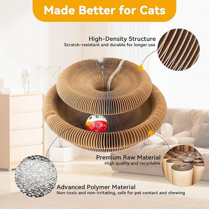 2Pcs Magic Organ Cat Scratcher, Foldable Accordion Cat Scratching Board with Toy Ball, Compact Cat Scratch Pad Kitty Kurlz Cat Toys for Indoor Cats, Stress Relief & Furniture Protection