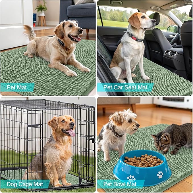 OLANLY Dog Door Mat for Muddy Paws 40x24, Absorbs Moisture and Dirt, Absorbent Non-Slip Washable Doormat, Quick Dry Chenille Mud Mat, Entry Indoor Entryway Carpet for Inside Floor, Olive Green