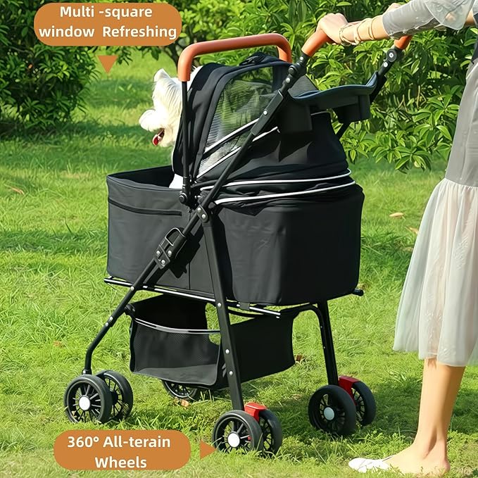 Pet Stroller for Medium Small Dogs/Cats - 4 Wheels Foldable Dog Stroller with Storage Basket,Dog/Cat Carrier,Adjustable Handle,Folding Puppy Carrier Suitable for Traveling with Cats and Dogs (Black)