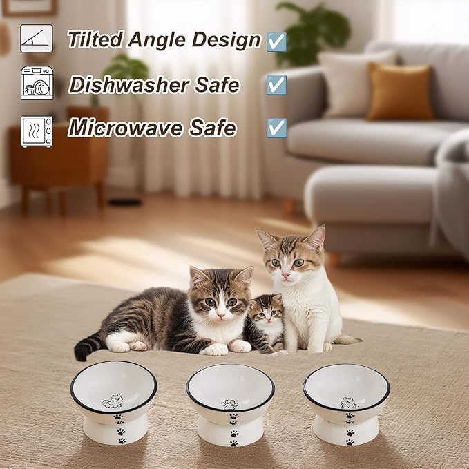 Anti-Rollover Elevated Ceramic Cat Bowls with A Sitting Puppy Pattern for Holding Food and Water, Black Border, Suitable for Small Dogs and Pets