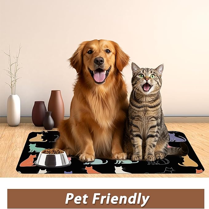 Cute Cat Dog Food Mat,Colorful Silhouette Absorbent Pet Feeding Mat with Rubber Backing,Non-Slip Water Bowl Placemat,Indoor Pet Accessories Supplies 16"x24"