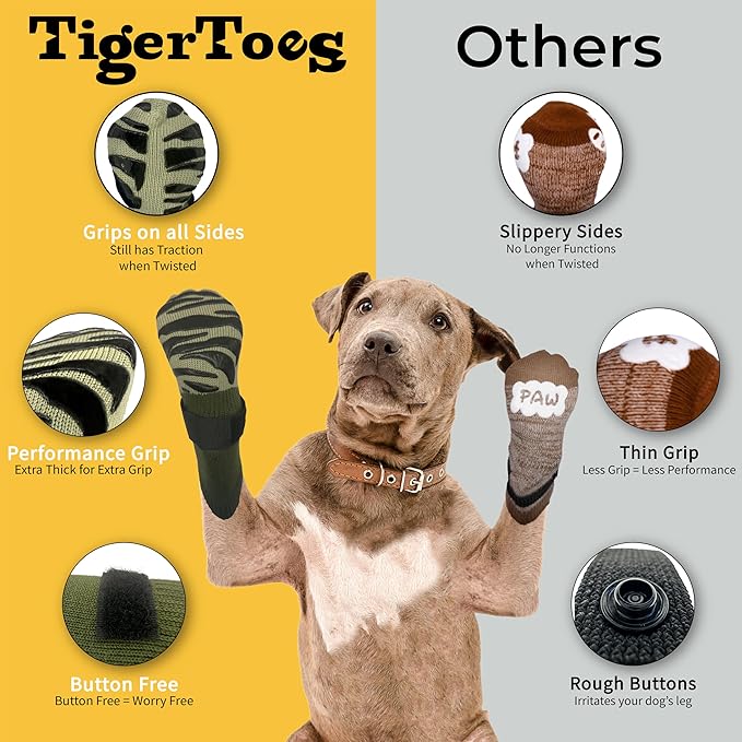 DOK TigerToes Premium Non-Slip Dog Socks for Hardwood Floors - Extra-Thick Grip That Works Even When Twisted - Prevents Licking, Slipping, and Great for Dog Paw Protection (Forest Green, Medium)